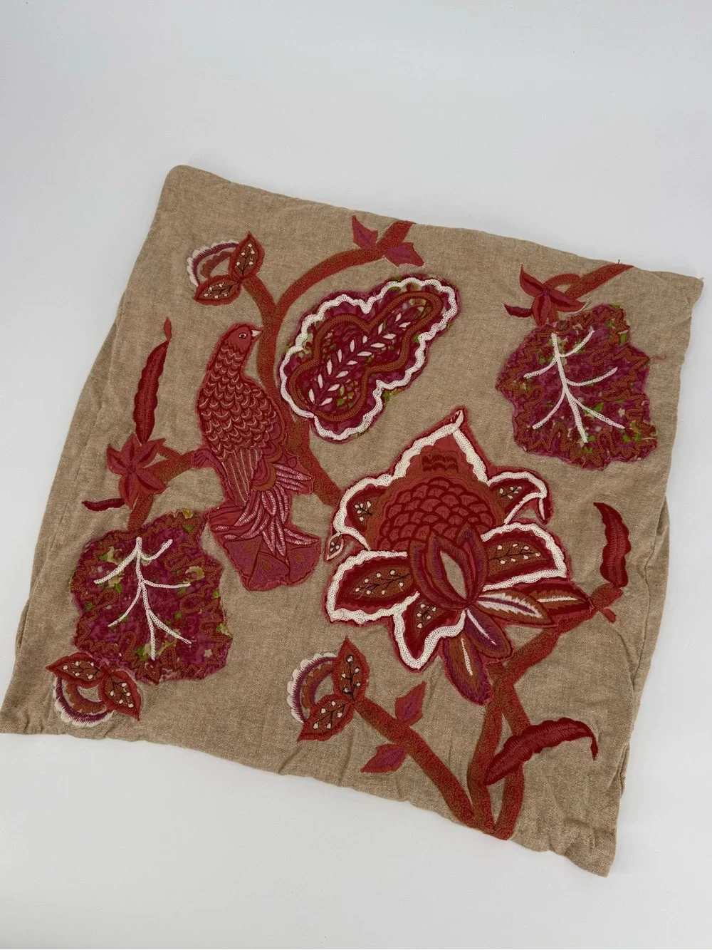 Pottery Barn Embroidered Bird Floral Pillow Cover | Natural | 24x24